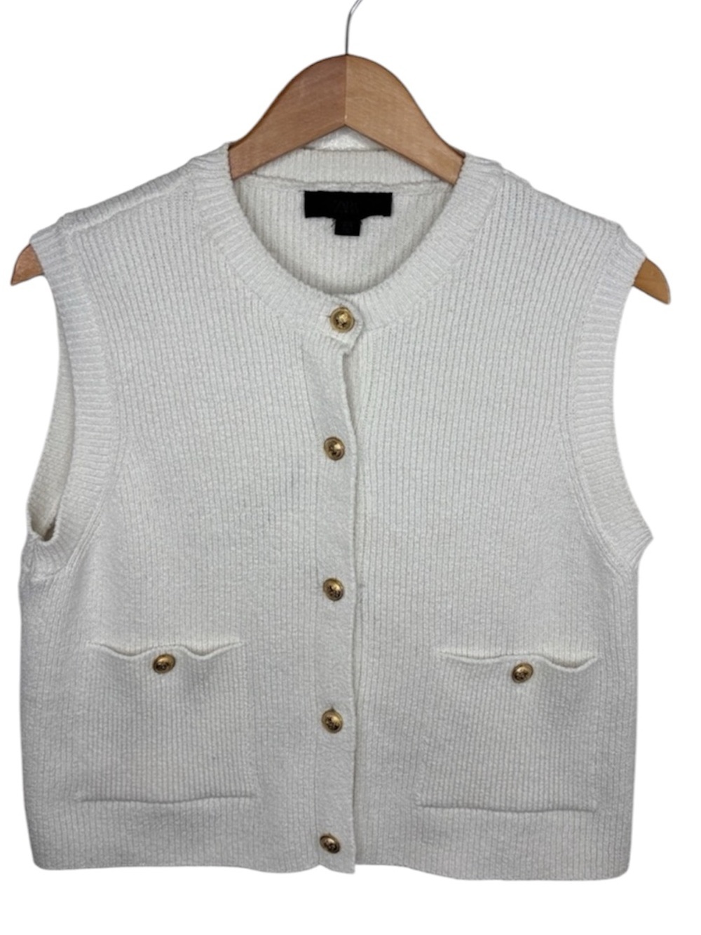 Zara White Knit Gold Button Up Sleeveless Vest Women Size L